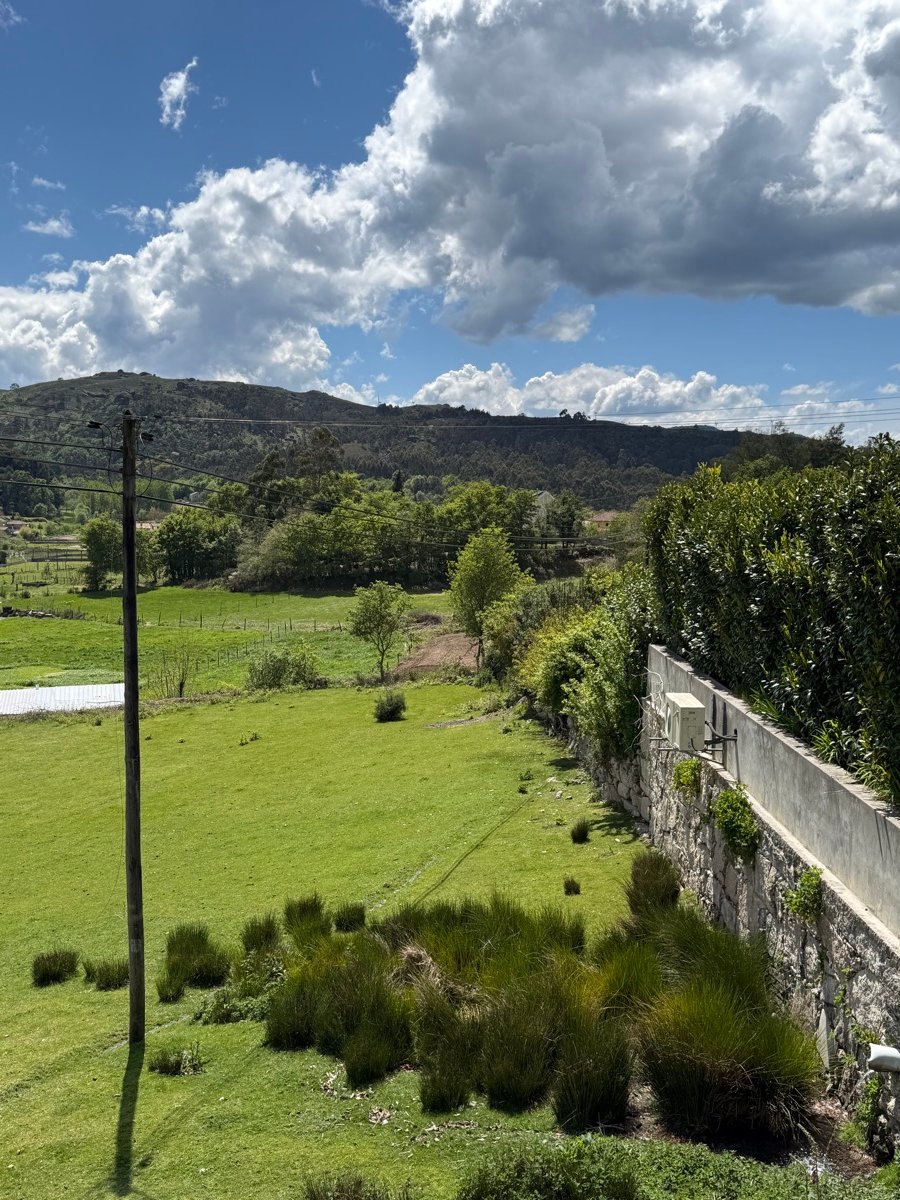 Vale verdejante visto da propriedade, com serra ao fundo