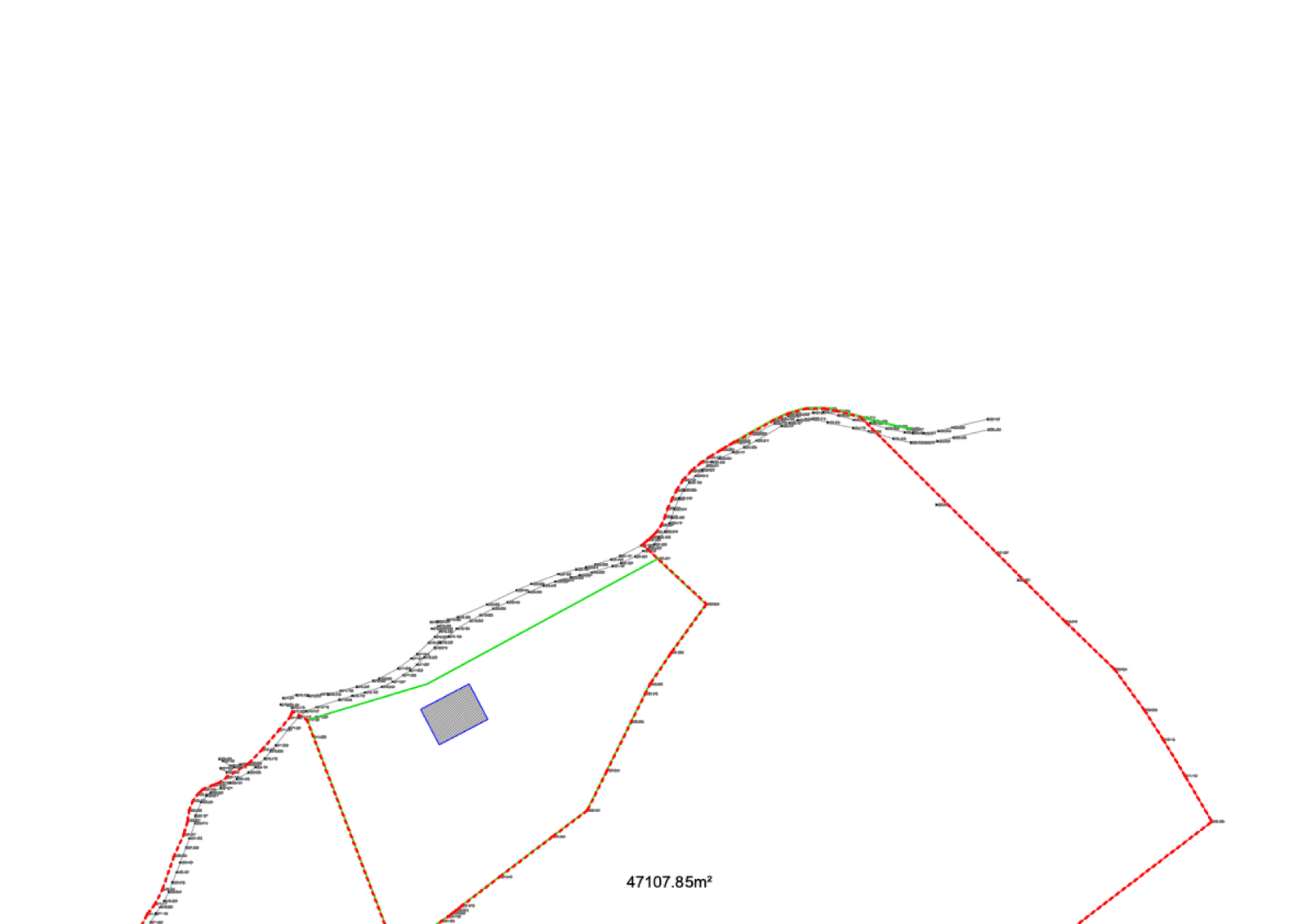 Levantamento topográfico da área do fundo (matriz 1869), com o polígono do terreno e a área de 47.107,85 m²